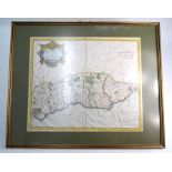 A 17th century County map engraving of Sussex, 35 x 41 cm, mounted, framed and glazed