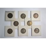 Eight George II shillings: 1727, 34, 37, 41, 45 (2) 50 & 58 f-vf