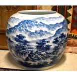 An impressive pair of Chinese contemporary blue and white fishbowls; each one decorated with