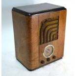 An Art Deco walnut and stained wood 'Skyscraper' wireless set, 49 x 37 cm