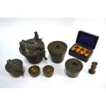 Two sets of bronze nesting weights with hinged covers, to/w three part-sets and other later weights,