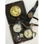 An Omega travel clock in leather case, to/w three chrome pocket watches and three wristwatches (7)