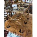 A pair of Regency style gilt metal occasional tables of rope twist form, with glass tops, 39 x 39
