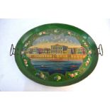 A 19th century Continental tin oval tole tray, polychrome painted with a palace view from a river,