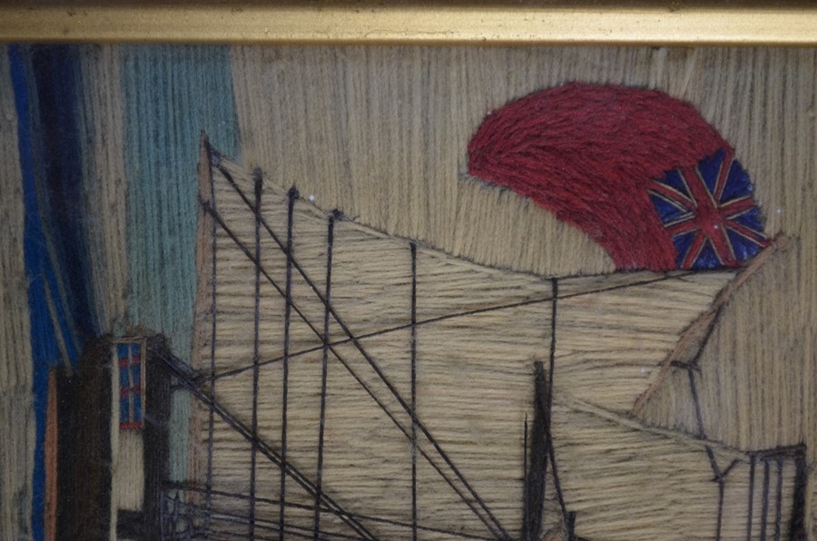 A 19th century wool-work picture of a three-masted 18-gun sailing ship, in glazed maple frame, 35 - Image 3 of 6