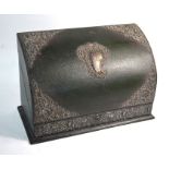 An Edwardian silver-mounted green Morocco leather stationery box with watered silk lining,