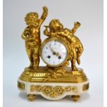 A good 19th century Louis XVI style ormolu and white marble mantel clock, the two train 8-day drum