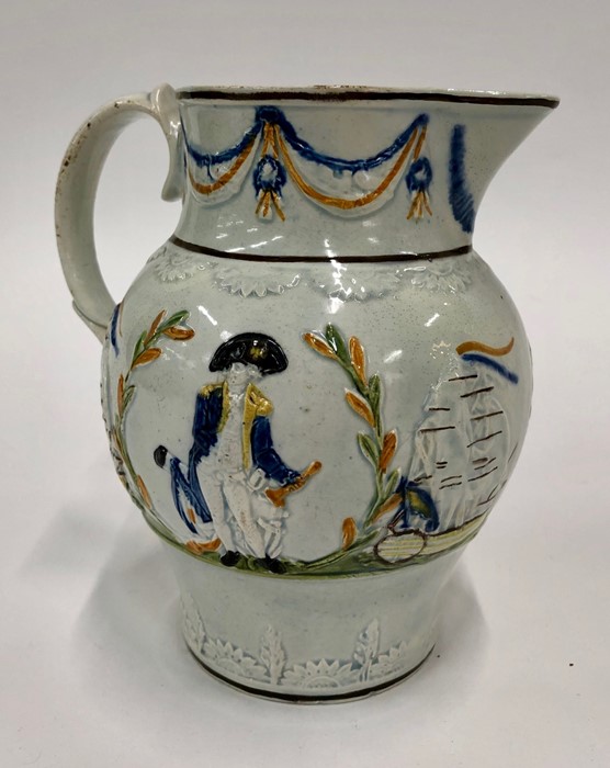 An early 19th century Pratt pearlware jug moulded in relief with images of Nelson and HMS Victory - Image 2 of 4