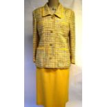 Hardy Amies - A wool mix lady's suit, the yellow jacket with an open-weave in hues of pink/blue/
