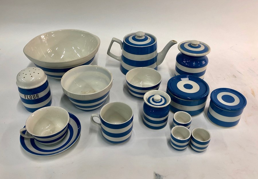 A collection of T.G. Green & Co Cornish Ware including:  Mixing bowl, basin. Teapot, flour sifter,