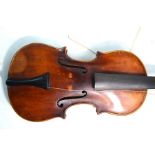 A violin with two-piece flame back, length of back 36 cm, unnamed, to/tw a bow with carved mother-