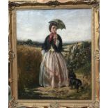 Late 19th century English school - Portrait of a young lady with parasol at field gate, with her