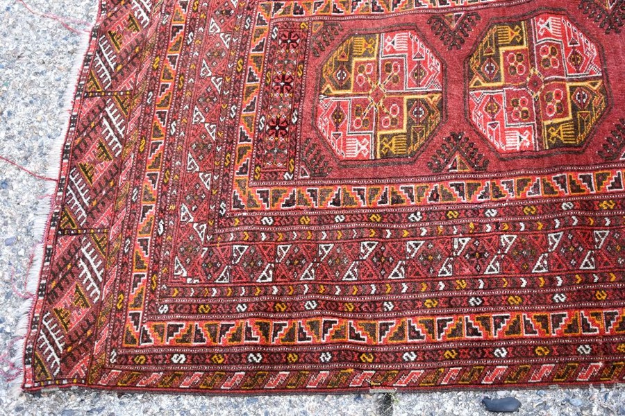 An old Afghan/Uzbek Turkmen rug, circa 1920, the triple gul design on red-brown ground, 195 x 133 cm - Image 5 of 9