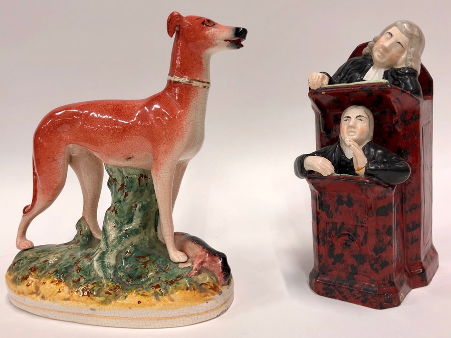 An early 19th century Staffordshire pottery pulpit group with a sleeping vicar and Moses, 25 cm high