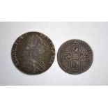 A 1787 shilling ef, retaining some patina, to/w a 1745 'Lima' sixpence fair obv f rev. (2)