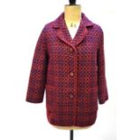 A dark red Welsh Wool tapestry 'Eclipse' pink/blue pattern three-quarter coat, 53 cm across