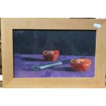 Kate Hopkins - 'Tomato and knife', oil on board, 1997, signed and dated to reverse, 15.5 x 26 cm