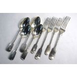 Eight pieces of Georgian and Victorian fiddle pattern flatware, comprising two table forks, two