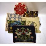 Five wool tapestry cushions, one after a William Morris design, another featuring an owl, to/w a red