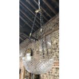 A large cut glass bowl light shade, suspended on three brass-mounted steel chains, 46 cm diam x