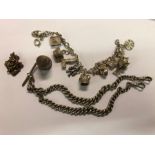 A Victorian silver double Albert with two swivels and bar attached; a modern charm bracelet with