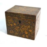 An early 19th century pen-work tea caddy of cuboid form, richly decorated with floral and foliate
