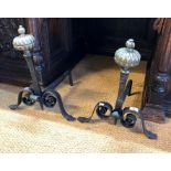 A pair of cast iron fire dogs with gadrooned ball brass terminals, 19th century (2)