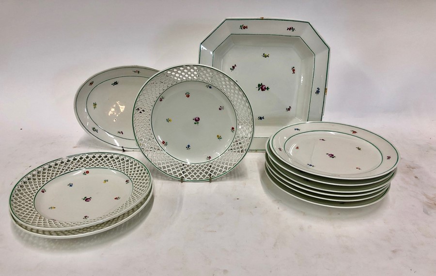 An Augarten part dinner service painted with polychrome sprigs and green bands, underglaze beehive