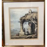 School of Samuel Prout (1783-1852) - Stone building in landscape with figures, watercolour, circa