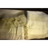 A box of assorted crocheted edge, drawn-thread work and other table linen to include table mats,