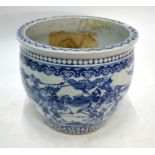 A large Chinese blue and white fishbowl, decorated on the exterior with Manchu Bannermen or