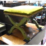 A green stained stool with green dralon overstuffed seat, bears makers plate for Phipps & Son,
