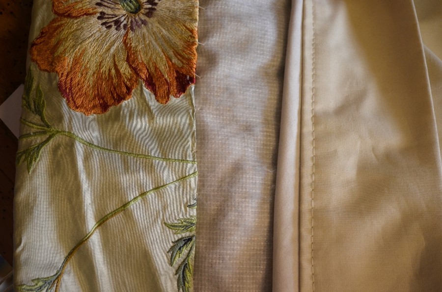 A pair of lined and inter-lined pale green silk curtains stitch-worked with purple/blue/peach - Image 5 of 7