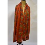 Georgina Von Etzdorf scarf  - A silk coral red silk scarf with stitchwork leaf design and sequins to