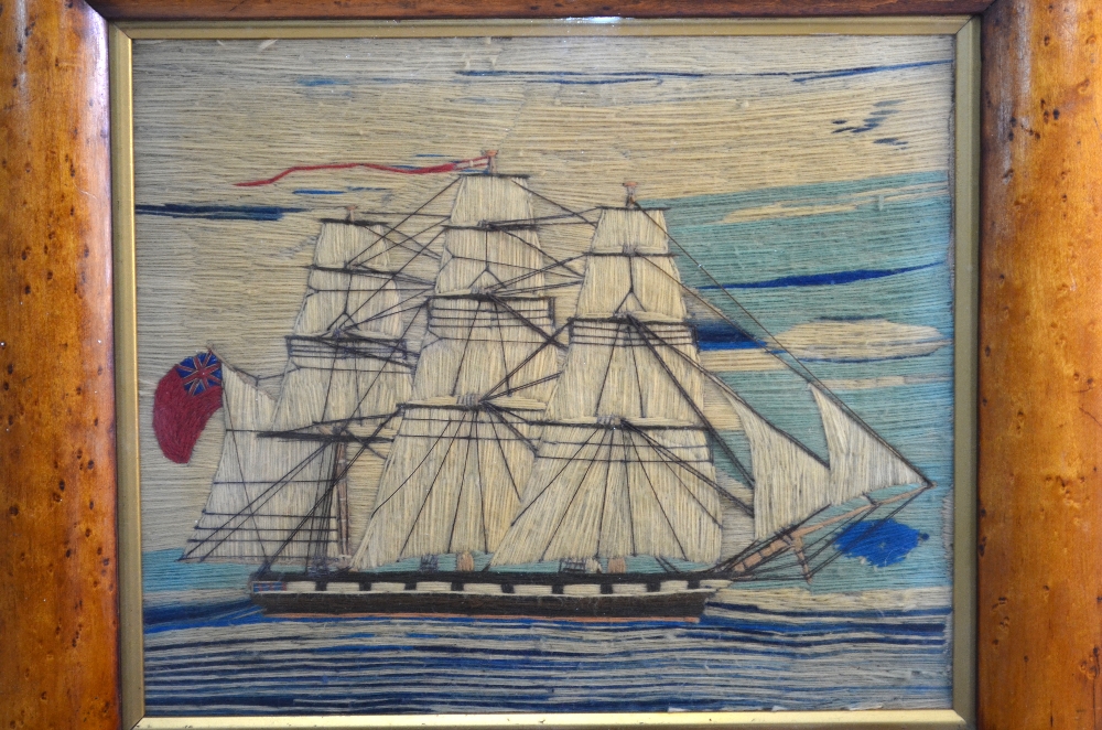 A 19th century wool-work picture of a three-masted 18-gun sailing ship, in glazed maple frame, 35 - Image 5 of 6