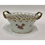 A Dresden twin handle basket weave pot pourri bowl/rose bowl with separate gilded reticulated