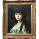 F Bundel - Portrait of a young lady in blue dress, late 20th century, oil on canvas, signed lower