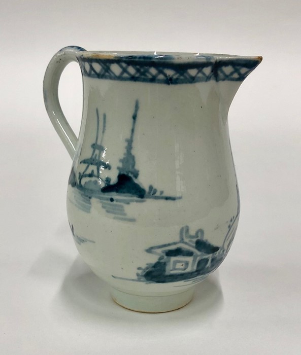 A small 18th century blue and white pearlware jug painted with a Chinoiserie scene with pagoda, - Image 2 of 3