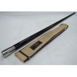 A black lacquered malacca cane with sterling top and horn tip, 93 cm long, in felt slip-case bearing
