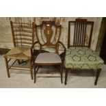 Edwardian mahogany inlaid carver chair to/w rush seated side chair and mahogany side chair (3)