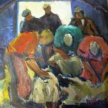 (AR) Val Pownall 'Sheep Shearing' oil on board 12 inches x 12 inches.