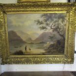 19th Century English School 'Lakeland Scene with Figures', 29 inches x 21 inches, oil on canvas.