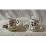 A pair of 18th century Vienna porcelain trembleuse tea cups and saucers painted with garden flowers