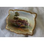 A Royal Worcester porcelain pin tray of shaped rectangular form painted with a cottage scene titled