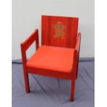 The Earl of Snowden and Carl Toms a red painted beech and laminate elbow chair produced for the