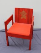 The Earl of Snowden and Carl Toms a red painted beech and laminate elbow chair produced for the