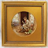 A Francis Clark porcelain plaque of circular form, painted with a young boy with a caged black bird,