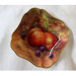 A Royal Worcester porcelain shallow dish of square form painted with peaches and blackberries to a