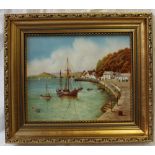 A Francis Clark porcelain plaque painted with a harbour scene, signed, 19.