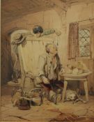 A B Clayton A young boy dropping a mouse into a sleeping man's mouth Watercolour Signed and dated